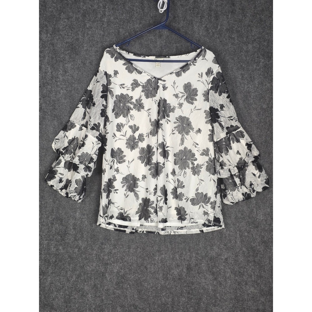 Cato Blouse Women 18/20 White Black Floral Print Lace 3/4 Tiered Bell Sleeve Top
